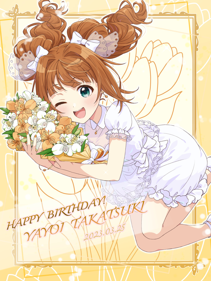1girl ;d absurdres blush bouquet brown_hair bug butterfly character_name dot_nose dress earrings floral_background flower frilled_dress frills gradient_background green_eyes grid_background hair_ribbon happy_birthday highres holding holding_bouquet idolmaster idolmaster_(classic) idolmaster_million_live! idolmaster_million_live!_theater_days jewelry lace_trim long_hair looking_at_viewer necklace one_eye_closed open_mouth orange_flower orange_ribbon ribbon round_teeth shiro_(ongrokm) short_sleeves smile solo takatsuki_yayoi teeth thighs tulip twintails white_dress white_flower white_ribbon yellow_background