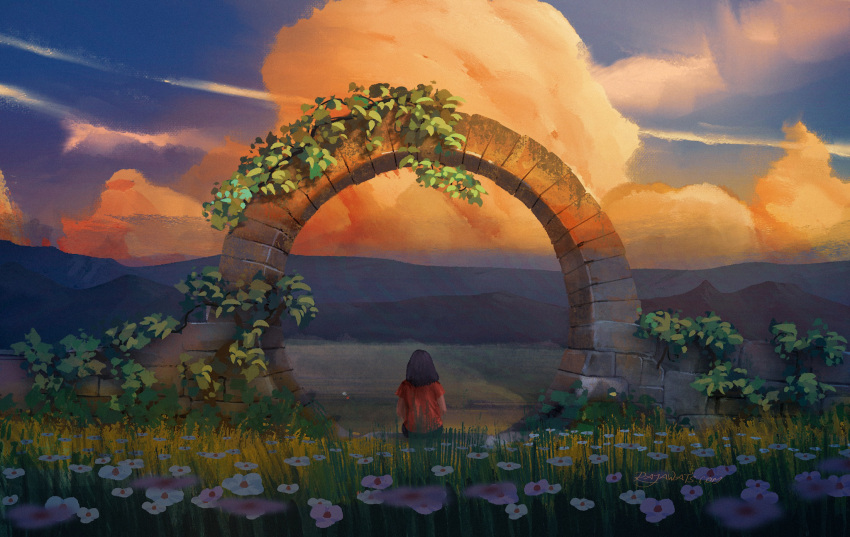 1girl arch artist_name black_hair clouds facing_away flower highres medium_hair original outdoors rajawat red_shirt shirt short_sleeves sitting stone_wall wall watermark web_address white_flower