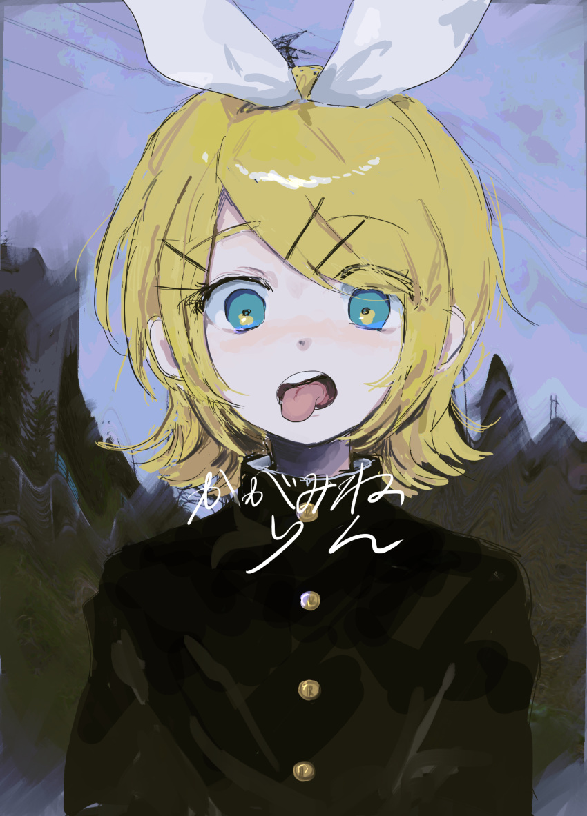 1girl alternate_costume blonde_hair blue_eyes bow building buttons chain-link_fence character_name commentary distortion fence flipped_hair gakuran hair_bow hair_ornament hairclip high_collar highres kagamine_rin looking_at_viewer making_faces medium_hair octopachi open_mouth outdoors overcast power_lines raised_eyebrows sanpaku school_uniform solo straight-on swept_bangs tongue tongue_out transmission_tower tree upper_body vocaloid white_bow