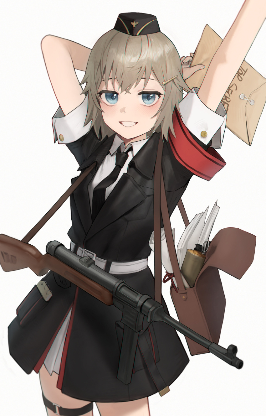 1girl absurdres arm_behind_head arm_up armband bag black_coat black_headwear black_necktie blonde_hair blue_eyes coat commission crossed_bangs english_text envelope garrison_cap girls_frontline grin gun hair_ornament hairclip hat highres holding holding_envelope kir_(khw66136132) looking_at_viewer military military_hat military_uniform mp41 mp41_(girls'_frontline) necktie notepad paper pixiv_commission red_armband satchel shirt short_hair short_sleeves simple_background smile smoke_grenade solo thigh_strap uniform weapon white_background white_shirt