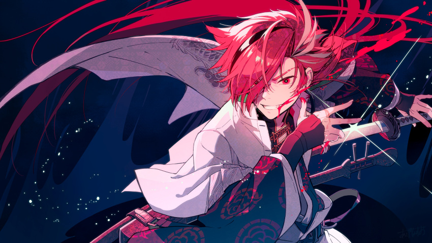 1boy amzk_knr asymmetrical_hair blood blood_on_face blood_on_hands crazy_grin fate/grand_order fate_(series) hair_over_one_eye highres holding holding_sword holding_weapon instrument long_hair long_sleeves multicolored_hair ponytail red_eyes redhead shamisen smile solo streaked_hair sword takasugi_shinsaku_(fate) teeth two-tone_hair very_long_hair weapon wide_sleeves