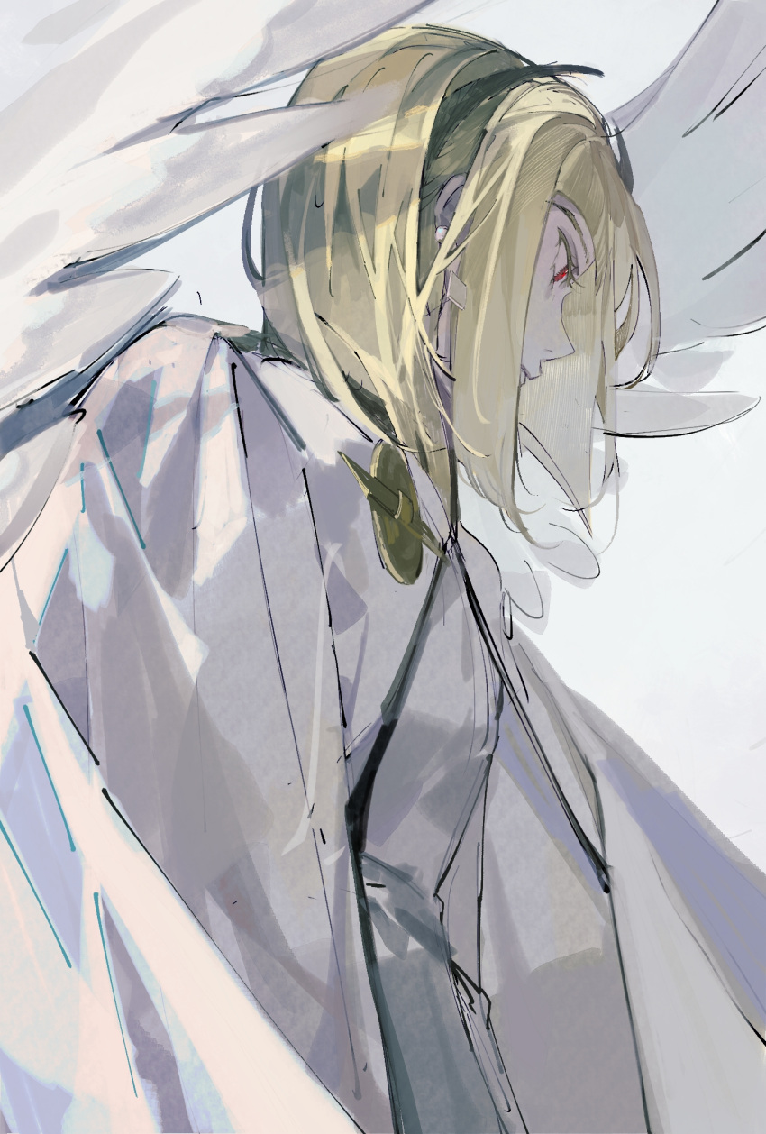 1boy 1mayusibayu blonde_hair brother_one cloak drag-on_dragoon drag-on_dragoon_3 feathered_wings highres male_focus medium_hair red_eyes shirt simple_background solo upper_body white_background white_cloak white_shirt white_wings wings
