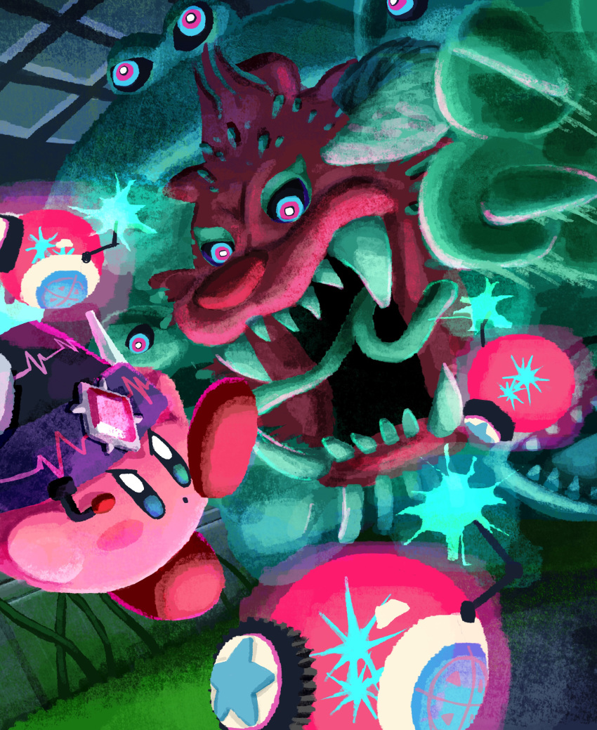 absurdres aruco_co blush_stickers bomb chimera claws colored_skin copy_ability explosive fangs fecto_forgo fecto_forgo_(monster) grass highres kirby kirby_(series) kirby_and_the_forgotten_land looking_at_another monster multiple_heads no_humans pink_skin purple_headwear solid_oval_eyes