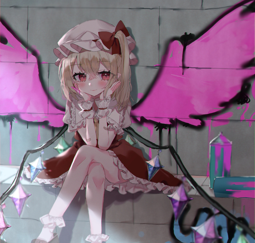 1girl absurdres ascot bare_legs bat_wings blonde_hair blush bow crystal crystal_wings flandre_scarlet frilled_skirt frilled_sleeves frills graffiti hat hat_bow highres mob_cap one_side_up puffy_short_sleeves puffy_sleeves red_bow red_eyes red_skirt red_vest short_sleeves sitting skirt skirt_set socks solo spray_can touhou vest wall white_socks white_wrist_cuffs wings wrist_cuffs yellow_ascot yumeno_ruruka