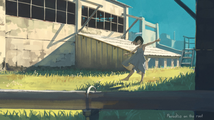 1girl barefoot black_hair blue_sky building dress english_text faceless faceless_female film_grain grass halo highres original others_(gogo-o) outstretched_arms rooftop scenery short_hair sky spread_arms stairs sundress sunlight walking white_dress