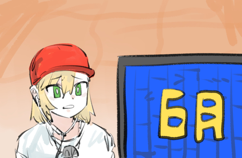 1girl alternate_costume alternate_hair_length alternate_hairstyle asymmetrical_bangs baseball_cap blonde_hair bright_pupils earphones earphones frown green_eyes hat jewelry looking_at_screen matangom matangomu-chan meme original out_of_frame parody parted_lips pendant pillbug portrait raised_eyebrows red_headwear shirt short_hair skyviewray's_"let's_go"_(meme) solo television watching_television white_pupils white_shirt