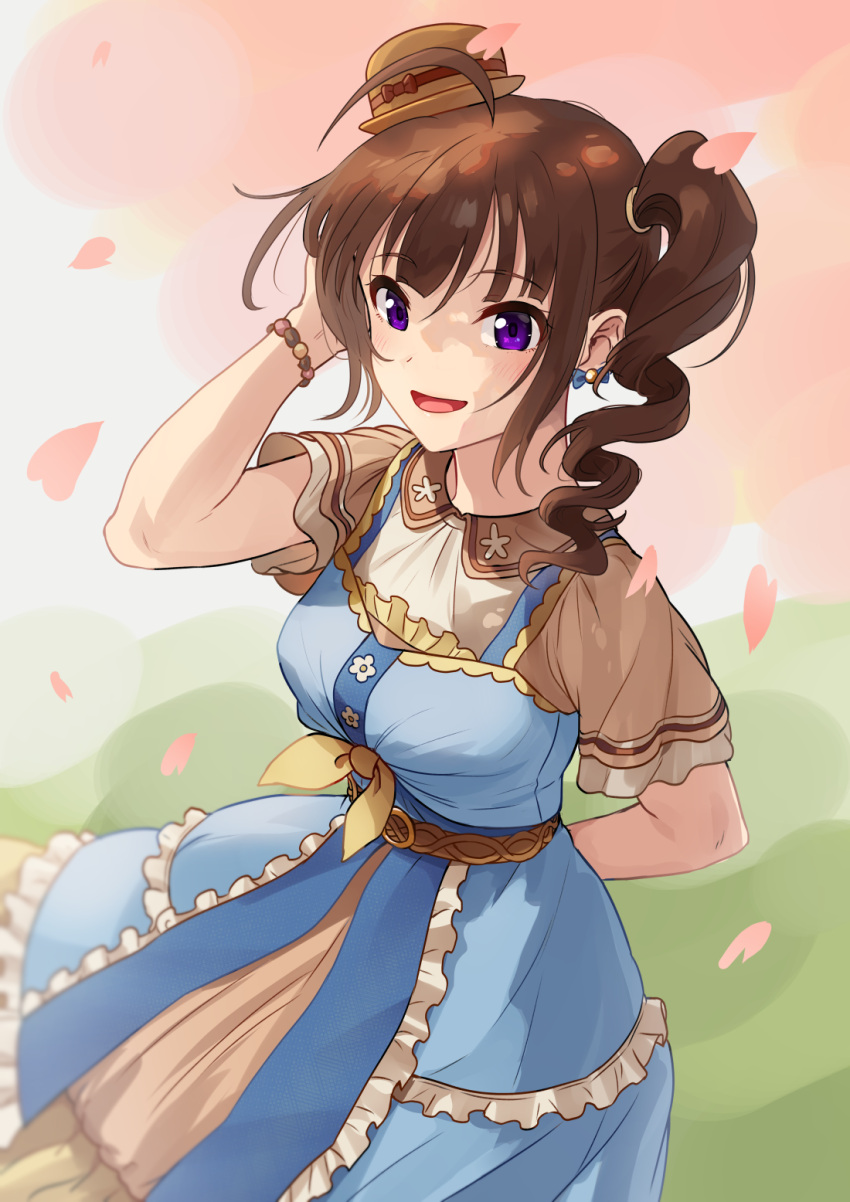 1girl ahoge blue_dress bracelet brown_hair brown_shirt burger collared_shirt commentary dress drill_hair earrings english_commentary food food-themed_hair_ornament frilled_dress frills hair_ornament hair_tie highres idolmaster idolmaster_million_live! jewelry kamille_(vcx68) looking_at_viewer medium_dress medium_hair open_mouth petals pinafore_dress shirt side_drill side_ponytail sidelocks smile solo standing violet_eyes wind yokoyama_nao