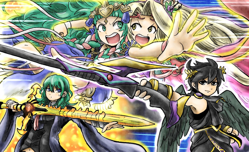 1boy 3girls angel angel_wings black_hair black_wings blonde_hair blue_eyes byleth_(female)_(fire_emblem) byleth_(fire_emblem) dark_pit fire_emblem fire_emblem:_three_houses flower green_eyes green_hair holding holding_sword holding_weapon kicdon kid_icarus kid_icarus_uprising laurel_crown long_hair looking_at_another multiple_girls open_mouth outstretched_arm purple_flower sothis_(fire_emblem) super_smash_bros. sweat sword sword_of_the_creator v-shaped_eyebrows very_long_hair viridi weapon wings