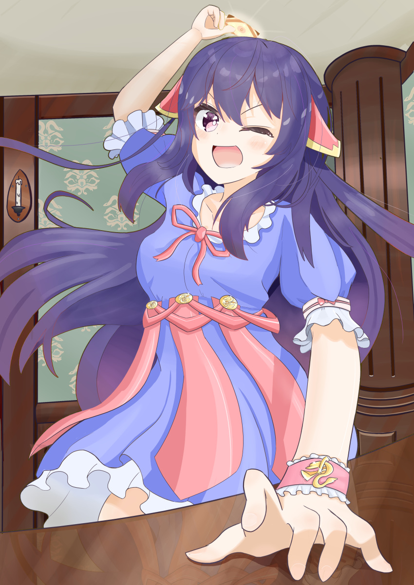 1girl absurdres blue_dress candle card ceiling clanel_de_wargham dress frilled_dress frills gold hair_ornament hand_on_table happy highres holding holding_card long_hair non-web_source original pink_eyes playing_card purple_hair red_ribbon reflection ribbon table wooden_wall