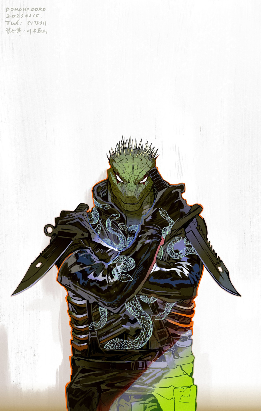 1boy caiman_(dorohedoro) dorohedoro dual_wielding highres holding holding_knife knife lizardman long_sleeves looking_at_viewer nano_(c175311) reptile_boy snake_print spikes