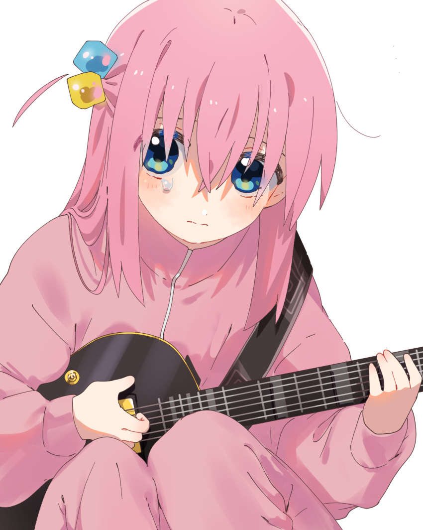1girl blue_eyes bocchi_the_rock! closed_mouth cube_hair_ornament electric_guitar gibson_les_paul gotou_hitori guitar hair_between_eyes hair_ornament highres holding holding_instrument instrument jacket long_hair long_sleeves looking_at_viewer nervous one_side_up pants pink_hair pink_jacket pink_pants rsb992112 simple_background sitting solo tears track_jacket white_background