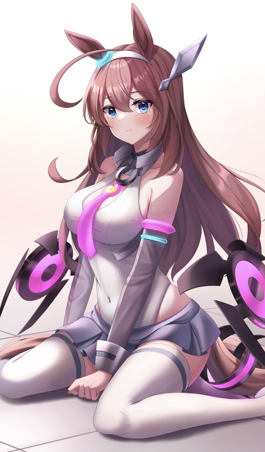 1girl absurdres alan_(210bush) animal_ears blue_eyes blush bodysuit breasts brown_hair grey_hairband hair_ornament hairband highres horse_ears horse_girl horse_tail large_breasts long_hair long_sleeves mihono_bourbon_(umamusume) necktie pink_necktie sitting skirt solo tail thigh-highs umamusume wariza white_thighhighs