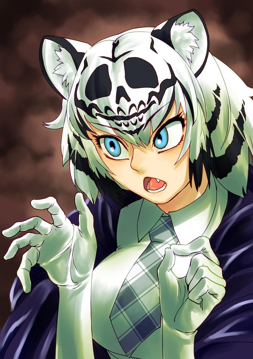 1girl absurdres animal_ear_fluff animal_ears black_hair blue_eyes breasts brown_background byackopath_(artist) collared_shirt commentary_request cosplay elbow_gloves fang gloves grey_necktie highres jaguarman_series kemono_friends large_breasts looking_afar looking_to_the_side lower_teeth_only necktie open_mouth plaid_necktie purple_robe robe shirt short_hair skull_servant skull_servant_(cosplay) solo teeth tiger_ears tiger_girl upper_body white_gloves white_hair white_shirt white_tiger_(kemono_friends) white_tiger_print yu-gi-oh!