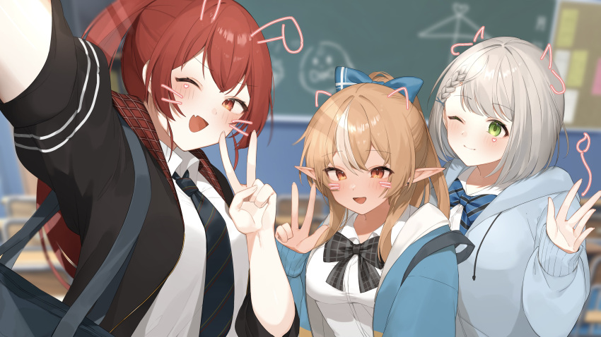 3girls absurdres animal_ears blonde_hair collared_shirt fake_animal_ears fake_whiskers green_eyes grey_hair highres hololive hood hooded_jacket houshou_marine jacket long_hair mikukana133 multiple_girls open_clothes open_jacket orange_eyes red_eyes redhead school_uniform selfie shiranui_flare shirogane_noel shirt skirt very_long_hair white_skirt