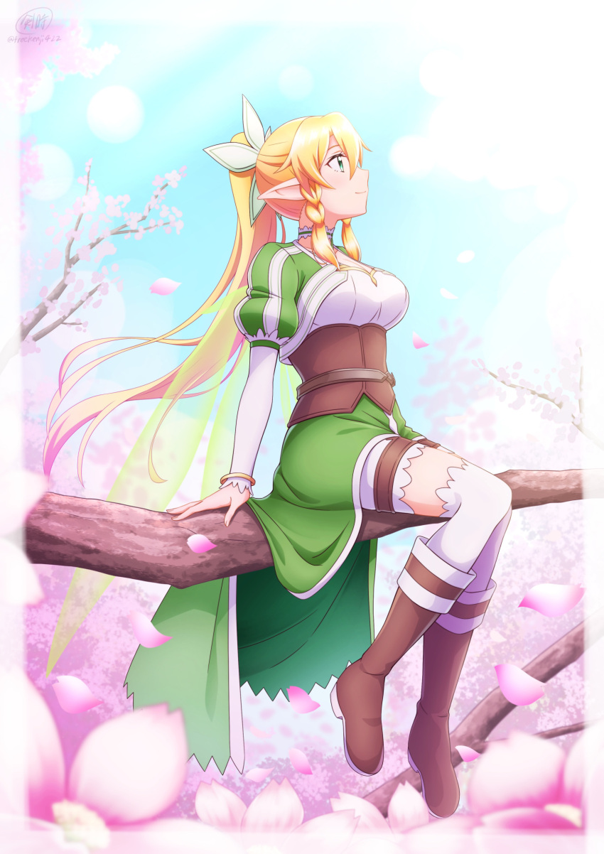 1girl blonde_hair blush boots braid breasts brown_footwear cherry_blossoms choker day from_side green_eyes hair_between_eyes hair_ornament highres ken-ji knee_boots large_breasts leafa long_hair long_sleeves looking_up outdoors over-kneehighs pointy_ears ponytail profile puffy_short_sleeves puffy_sleeves short_sleeves sitting smile sword_art_online thigh-highs twin_braids white_choker white_thighhighs