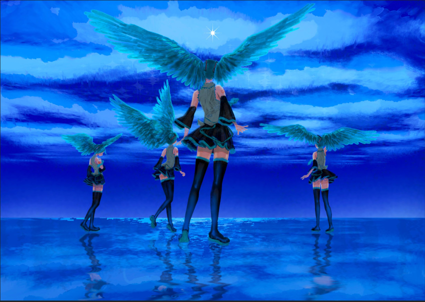 4girls alternate_hairstyle blue_hair blue_sky blue_theme boots clone detached_sleeves from_behind grey_shirt hair_wings hatsune_miku highres multiple_girls n00dlesandwitch shirt shoulder_tattoo skirt sky sleeveless sleeveless_shirt standing standing_on_liquid star_(sky) tattoo thigh-highs thigh_boots vocaloid walking walking_on_liquid