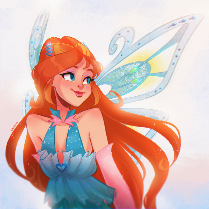 1girl absurdres aqua_dress aqua_eyes aqua_wings bare_shoulders bloom_(winx_club) chalseu dress elbow_gloves fairy fairy_wings gloves hair_ornament heart heart_hair_ornament highres long_hair looking_to_the_side orange_hair pink_gloves sparkle_print wings winx_club