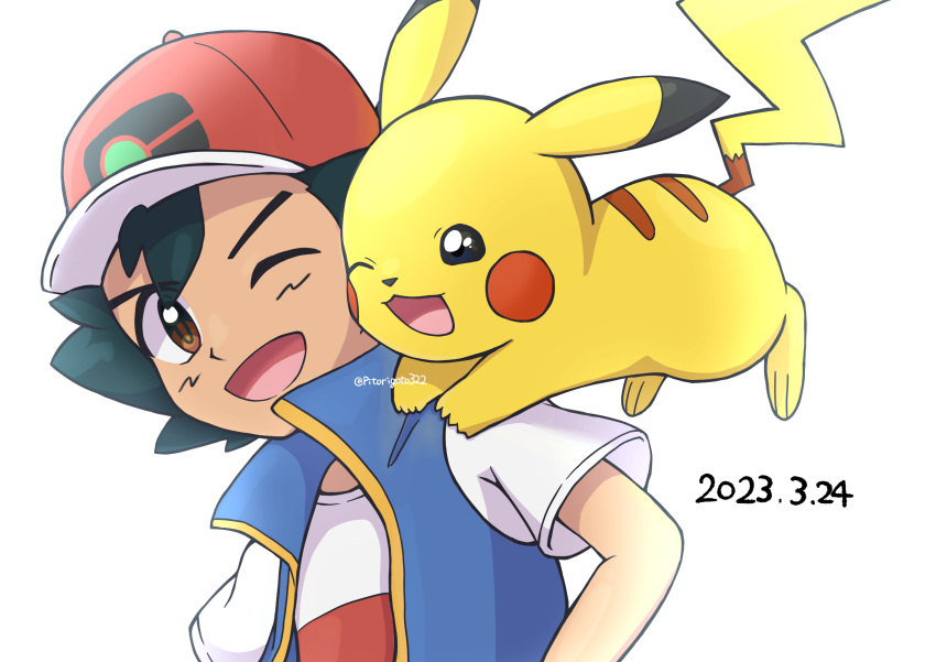 1boy ;d ash_ketchum black_hair blue_jacket brown_eyes commentary_request dated hat highres jacket male_focus one_eye_closed open_mouth pikachu pitorigoto pokemon pokemon_(anime) pokemon_(creature) pokemon_journeys red_headwear shirt short_hair short_sleeves simple_background sleeveless sleeveless_jacket smile t-shirt white_background white_shirt