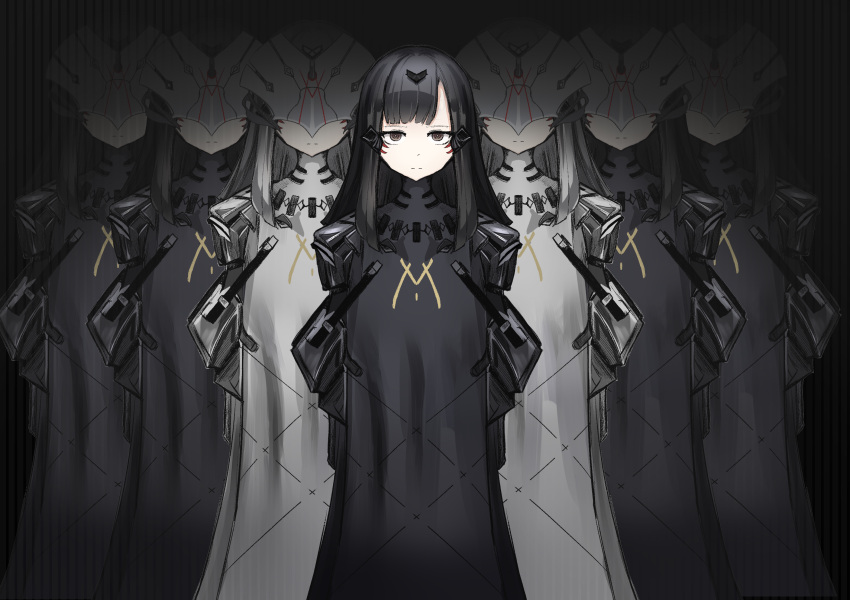 6+girls android black_dress dark_background dress expressionless girls_frontline highres looking_at_viewer mask mechanical_arms mizuhashi_parusui multiple_girls nyto_(generic)_(girls'_frontline) nyto_(girls'_frontline) paradeus white_dress