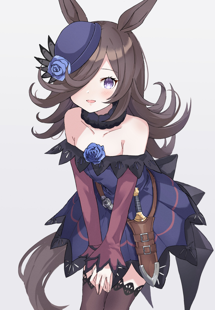 1girl :d animal_ears bare_shoulders blue_flower blue_rose blush brown_hair brown_thighhighs commentary_request cowboy_shot dagger dress flower fur_collar grey_background hair_over_one_eye hat hat_flower hat_over_one_eye highres horse_ears horse_girl horse_tail knife leaning_forward long_hair long_sleeves musicccc purple_dress rice_shower_(umamusume) rose sheath sheathed simple_background smile solo strapless strapless_dress tail thigh-highs umamusume v_arms violet_eyes weapon zettai_ryouiki