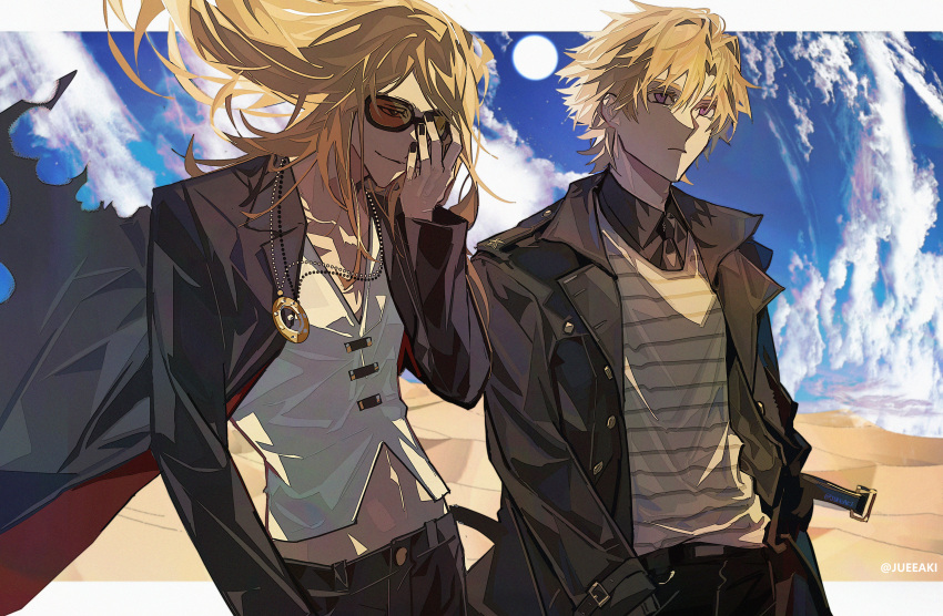 2boys absurdres adjusting_eyewear black_jacket black_nails blonde_hair clouds cloudy_sky coat collared_jacket daybit_sem_void desert eeju fate/grand_order fate_(series) floating_hair hair_between_eyes highres jacket jewelry looking_to_the_side male_focus midriff multiple_boys navel necklace necktie open_clothes open_jacket sand shirt sky standing sunglasses tezcatlipoca_(fate) upper_body v-neck white_shirt