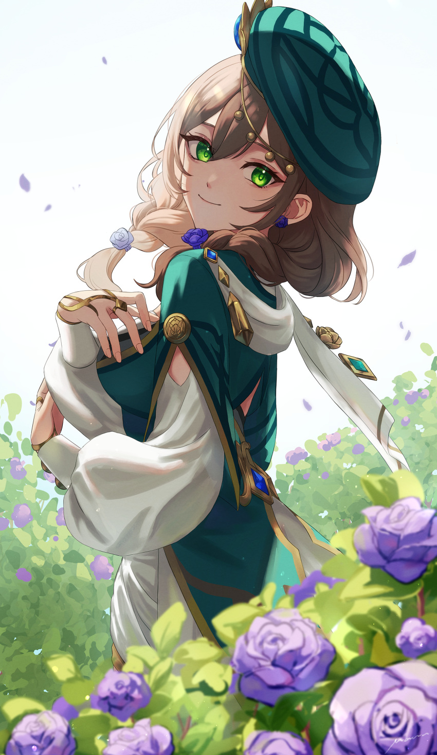 1girl absurdres beret braid breasts closed_mouth earrings flower flower_earrings from_side genshin_impact green_eyes green_headwear hair_flower hair_ornament hands_on_own_chest hat highres jewelry light_brown_hair lisa_(a_sobriquet_under_shade)_(genshin_impact) lisa_(genshin_impact) long_sleeves manunnu medium_breasts puffy_long_sleeves puffy_sleeves purple_flower purple_rose rose smile solo twin_braids