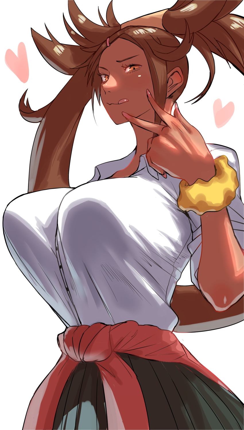 1girl absurdres akasa523 alternate_skin_color breasts dark-skinned_female dark_skin guilty_gear hair_ring heart highres huge_breasts impossible_clothes impossible_shirt kuradoberi_jam licking_lips looking_at_viewer orange_eyes perky_breasts shirt solo tan tied_sweater tongue tongue_out twintails v white_shirt