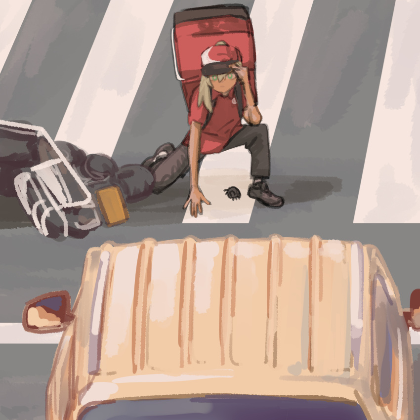 1girl arm_support baseball_cap black_pants blonde_hair bright_pupils car closed_mouth collared_shirt crosswalk derivative_work food_delivery_box green_eyes hand_on_headwear hat highres matangom matangomu-chan moped motor_vehicle on_one_knee original outdoors pants photo-referenced pillbug red_shirt road serious shirt shoes short_sleeves shoulder_strap single_sidelock solo white_pupils