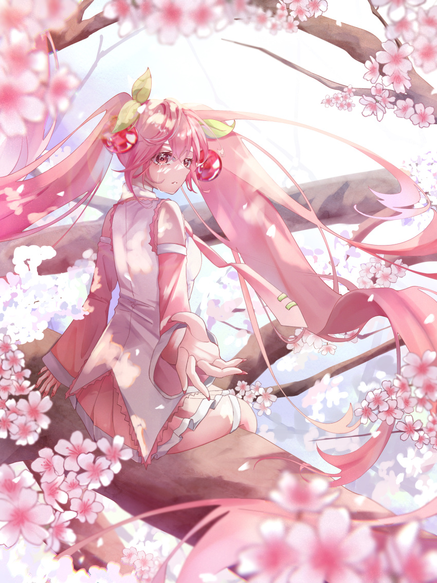 1girl absurdres cherry_blossoms cherry_hair_ornament collar collared_shirt crying day detached_sleeves food-themed_hair_ornament hair_ornament hatsune_miku highres in_tree light_rays long_hair long_sleeves outdoors petals pink_eyes pink_hair pink_nails pink_skirt pleated_skirt sakura_miku shirt sitting sitting_in_tree skirt sunbeam sunlight tree twintails user_azkf8572 vocaloid white_shirt