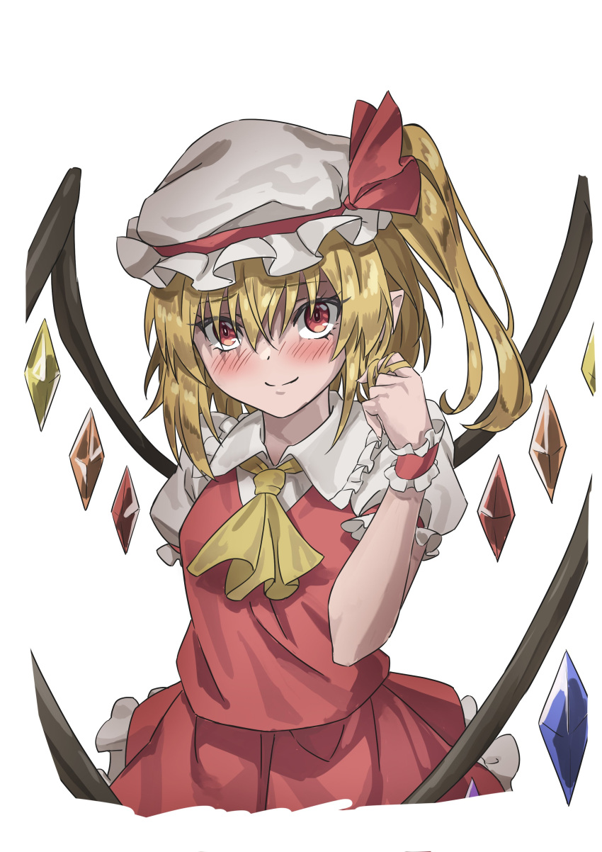 1girl absurdres blush closed_mouth commentary crystal flandre_scarlet gyouza_(mhea5724) hand_in_own_hair hat hat_ribbon highres looking_at_viewer medium_hair one_side_up pointy_ears red_eyes red_ribbon red_skirt red_vest ribbon shirt short_sleeves simple_background skirt solo touhou vest white_background white_headwear white_shirt wings