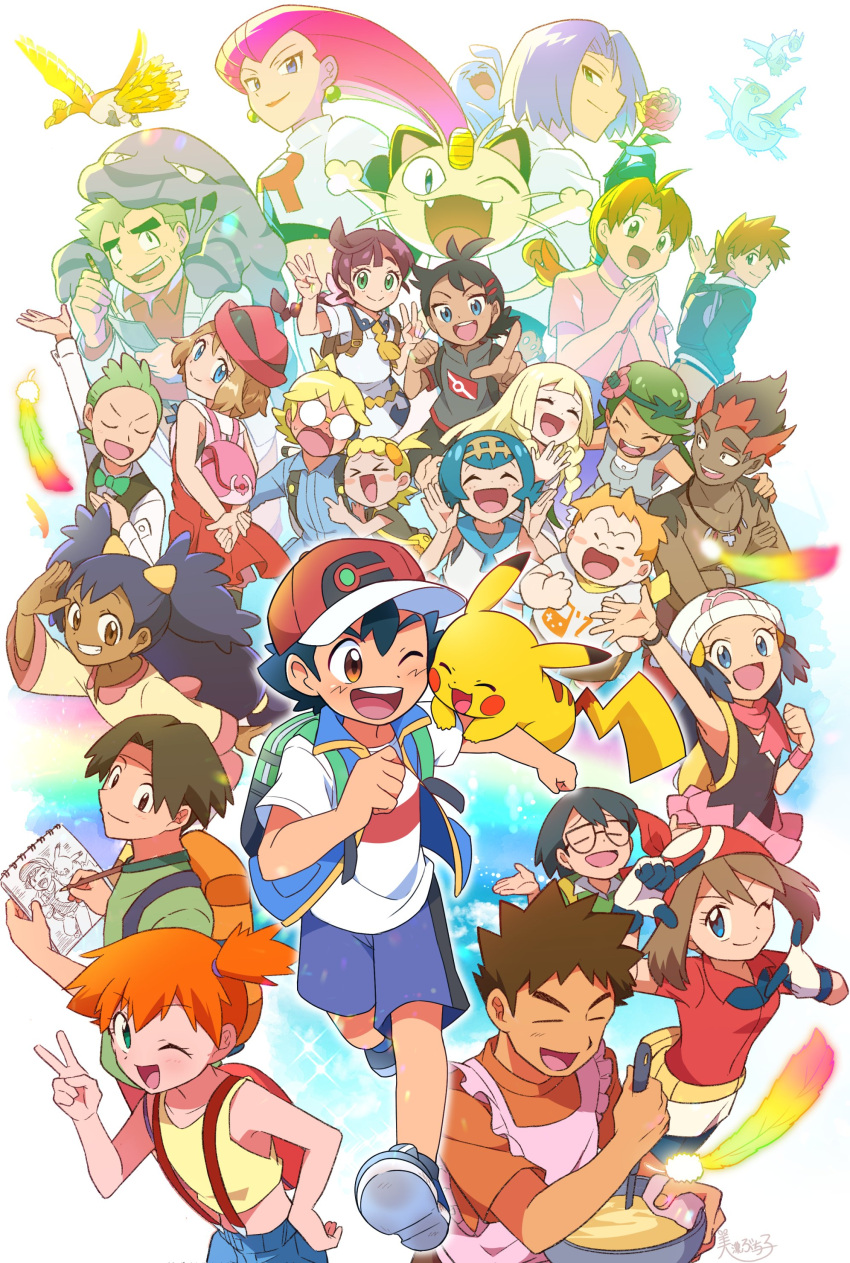 &gt;_&lt; 6+boys 6+girls :d ;) ;d ^_^ absurdres apron arm_up arms_behind_back artist_name ash_ketchum backpack bag bandana baseball_cap beanie black_dress black_hair blonde_hair blue_eyes blue_footwear blue_shirt blue_shorts blue_vest blush blush_stickers bonnie_(pokemon) book bow bowl bowtie braid brock_(pokemon) brown_bag brown_eyes brown_hair character_request cilan_(pokemon) clemont_(pokemon) clenched_hand closed_eyes closed_mouth coat collared_shirt collared_vest copyright_request crop_top dark-skinned_female dark-skinned_male dark_skin drawing dress earrings eyelashes fangs feathers flower glasses gloves green_bag green_bow green_bowtie green_eyes green_hair green_shirt grey_hair grey_overalls grey_shorts grin hair_ornament hand_up hands_up happy hat highres hikari_(pokemon) ho-oh holding holding_book holding_bowl holding_flower holding_pencil hug iris_(pokemon) james_(pokemon) jessie_(pokemon) jewelry labcoat latias latios lillie_(pokemon) long_hair long_sleeves looking_at_viewer looking_back mallow_(pokemon) max_(pokemon) may_(pokemon) medium_hair meowth misty_(pokemon) mixing_bowl muk multiple_boys multiple_girls on_head one_eye_closed one_side_up open_clothes open_coat open_mouth open_vest orange_bag orange_hair orange_shirt overall_shorts overalls own_hands_together parted_bangs pencil pink_apron pink_hair pink_shirt poke_ball_print pokemon pokemon_(anime) pokemon_(creature) pokemon_on_head purple_hair quriltai rainbow_wing_(pokemon) raised_eyebrows red_bag red_bandana red_flower red_headwear red_rose red_scarf red_shirt rose round_eyewear running samuel_oak scarf serena_(pokemon) shirt shoes short_hair short_sleeves shorts side_braid signature simple_background single_braid sketchbook sleeveless sleeveless_dress sleeveless_shirt smile sparkle sphere_earrings sweatdrop swept_bangs team_rocket team_rocket_uniform teeth thick_eyebrows tracey_sketchit two_side_up upper_teeth_only v v-shaped_eyebrows vest wavy_mouth white_background white_coat white_gloves white_headwear white_shirt wing_collar wobbuffet yellow_bag yellow_shirt