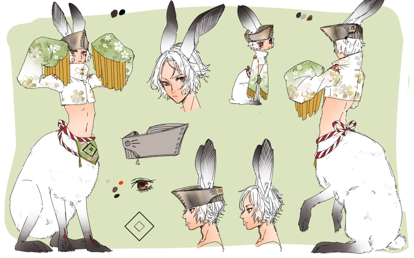 1boy absurdres androgynous animal_ears arms_up brown_eyes chibi closed_mouth cropped_jacket facing_away full_body green_background high_collar highres indasu10 kouhaku_nawa long_sleeves looking_at_viewer male_focus midriff monster_boy multiple_views original rabbit_boy rabbit_ears rabbit_tail reference_sheet rope shimenawa short_hair simple_background sitting sleeves_past_fingers sleeves_past_wrists tail white_hair