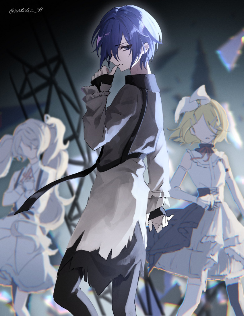 1boy 25-ji_kaito 25-ji_miku 25-ji_nightcord_de._(project_sekai) 25-ji_rin 2girls biting blonde_hair blue_hair dark detached_sleeves dress finger_biting frilled_dress frills hair_ribbon harness hatsune_miku highres kagamine_rin kaito_(vocaloid) long_hair long_sleeves looking_back male_focus multiple_girls natchi_39 project_sekai ribbon shirt short_hair signature strap torn_clothes torn_shirt twintails vocaloid white_dress white_hair