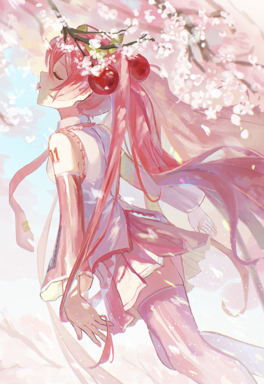 1girl absurdres boots cherry_blossoms cherry_hair_ornament closed_eyes day detached_sleeves food-themed_hair_ornament frilled_shirt frills hair_ornament hatsune_miku highres long_hair long_sleeves mouth_hold necktie nemari_(user_wtca7244) number_tattoo outdoors petal_in_mouth petals pink_footwear pink_hair pink_nails pink_necktie pink_skirt pink_sleeves pleated_skirt sakura_miku shirt shoulder_tattoo skirt sleeveless sleeveless_shirt solo standing tattoo thigh_boots twintails vocaloid white_shirt