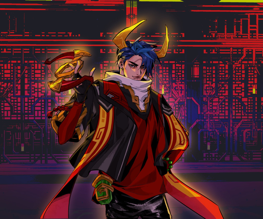 aphelios black_gloves black_pants blue_eyes blue_hair chinese_new_year earrings fingerless_gloves gloves highres holding holding_weapon horns jacket jade_(gemstone) jewelry jjolee league_of_legends long_sleeves lunar_beast_aphelios male_focus open_clothes open_jacket pants red_shirt shirt short_hair weapon