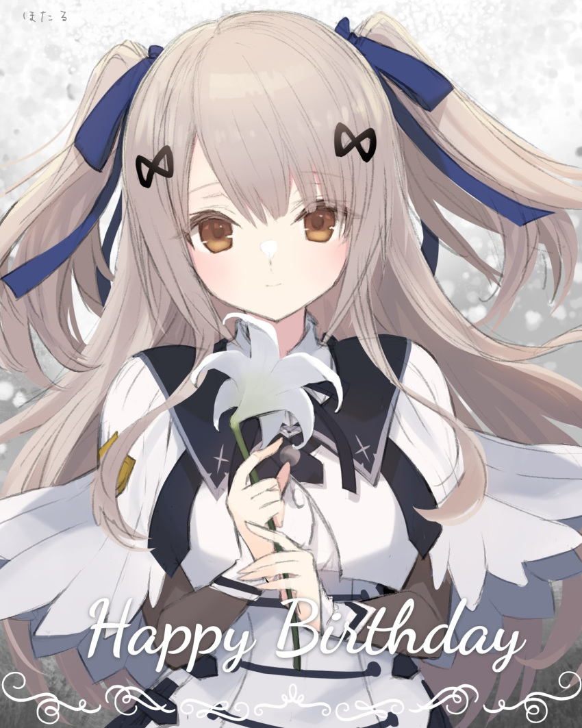 1girl arms_up artist_name assault_lily black_ribbon blue_ribbon brown_eyes buttons closed_mouth collared_shirt commentary_request cropped_jacket emblem flower gradient_background grey_background grey_hair hair_between_eyes hair_ornament hair_ribbon happy_birthday highres holding holding_flower hotaru_(ultraroly_poly) layered_sleeves light_blush light_smile lily_(flower) long_hair long_sleeves looking_at_viewer neck_ribbon ribbon shirt short_sleeves solo standing tada_shiera two_side_up underbust upper_body very_long_hair white_background white_flower white_shirt