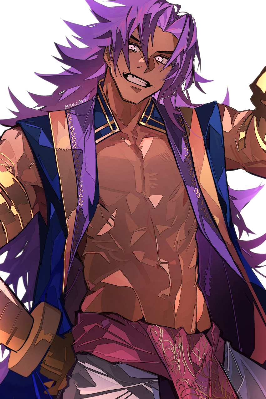 1boy absurdres bare_shoulders bhima_(fate) cowboy_shot dark-skinned_male dark_skin eeju fate/grand_order fate_(series) floating_hair gauntlets gold_trim highres indian_clothes long_hair looking_to_the_side male_focus pelvic_curtain purple_hair purple_vest simple_background smile solo toned toned_male very_long_hair vest violet_eyes