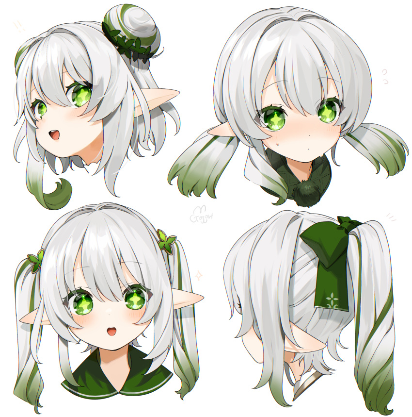 +_+ 1girl :d :o alternate_hairstyle bow cropped_shoulders dot_mouth double_bun from_side genshin_impact gotoh510 gradient_hair green_eyes green_hair green_ribbon hair_bow hair_bun hair_ribbon high_ponytail highres long_hair looking_at_viewer low_twintails multicolored_hair multiple_views nahida_(genshin_impact) pointy_ears ribbon signature simple_background smile straight-on sweat twintails two_side_up white_background