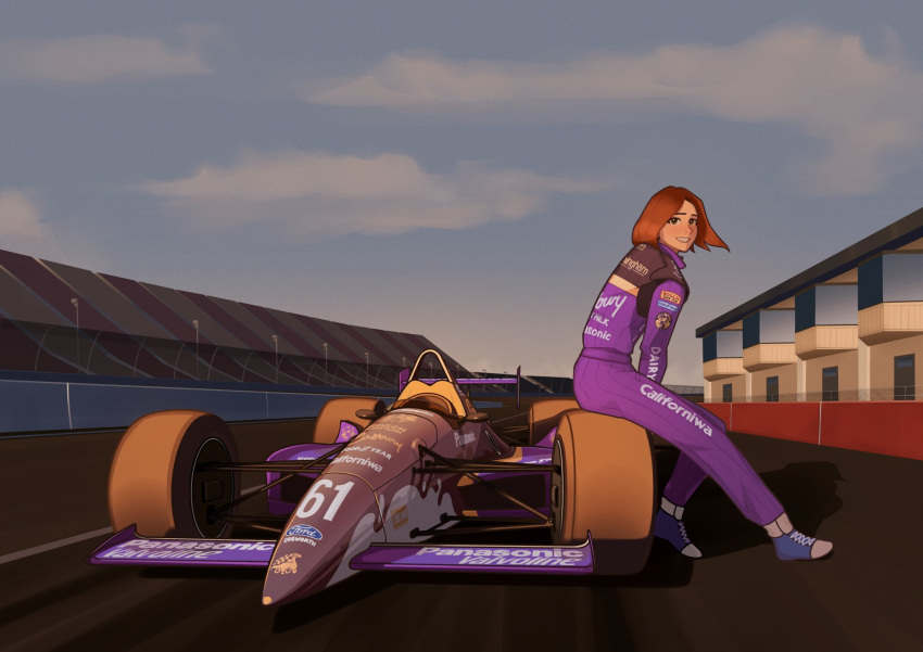 1girl arhentol blue_footwear blush brown_eyes car clouds commentary english_commentary highres indycar_series motor_vehicle original panasonic_corporation parted_lips race_vehicle racecar racetrack racing_suit raelyn_cunningham shadow shoes sitting sky smile sneakers vehicle_focus