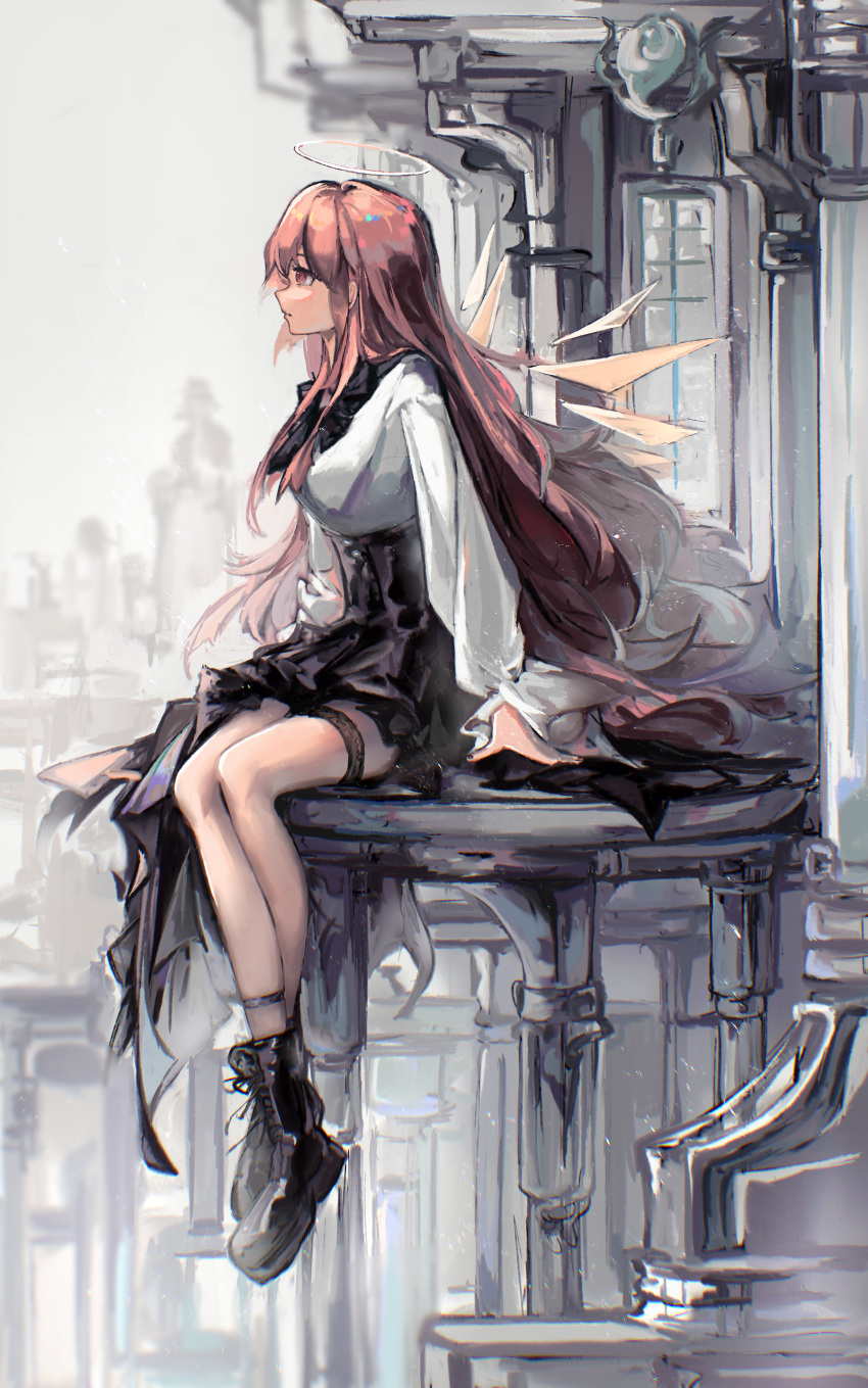 1girl 88502682 absurdres arknights black_footwear black_skirt boots breasts closed_mouth commentary_request cross-laced_footwear detached_wings grey_background halo high-waist_skirt highres lace-up_boots lemuen_(arknights) long_hair long_sleeves looking_away medium_breasts pink_hair puffy_long_sleeves puffy_sleeves red_eyes shirt simple_background sitting skirt solo very_long_hair white_shirt white_wings wings