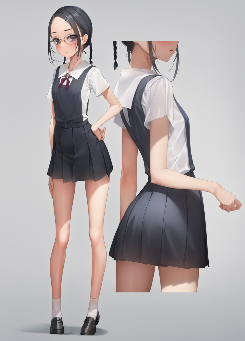 1girl ass back black_eyes black_hair blush braid breasts glasses hand_on_hip highres loafers long_hair looking_at_viewer multiple_views murakami_suigun original parted_lips pleated_skirt school_uniform shoes skirt small_breasts socks twin_braids white_socks