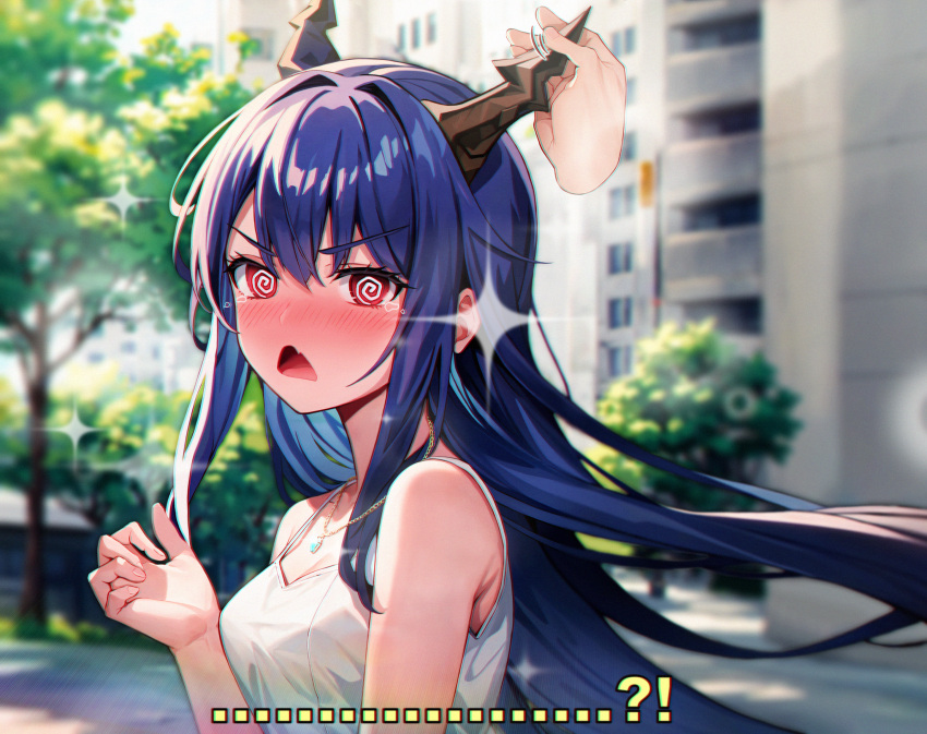 1girl @_@ arknights bare_shoulders blue_hair blurry blurry_background blush breasts ch'en_(arknights) disembodied_limb dragon_horns embarrassed hair_between_eyes highres horn_grab horns jewelry lattekoi5252 long_hair looking_at_viewer medium_breasts nose_blush open_mouth outdoors pendant red_eyes sidelocks solo_focus