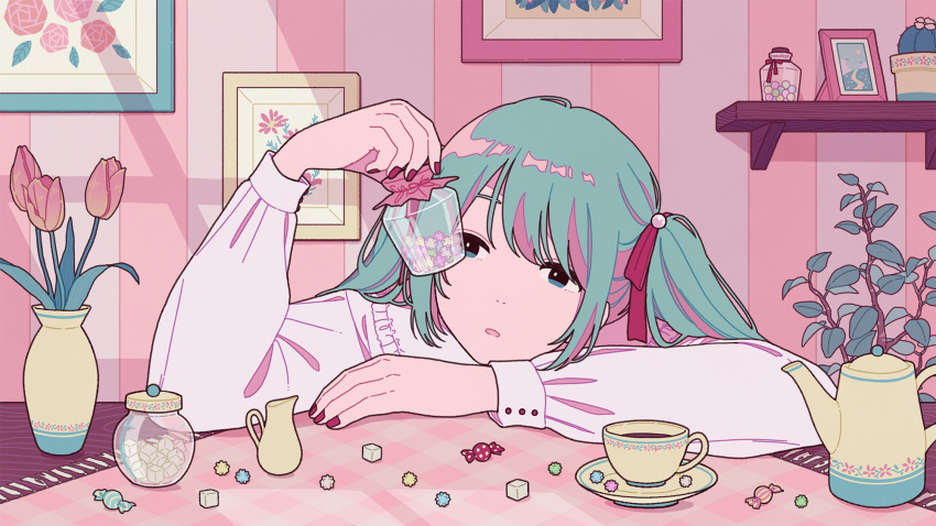 1girl aqua_hair blue_eyes cup flower hair_ribbon hatsune_miku highres long_hair long_sleeves parted_lips pink_flower pink_tulip plate red_nails red_ribbon ribbon shelf shi_oo shirt solo sugar_cube table teacup teapot tulip twintails vocaloid white_shirt