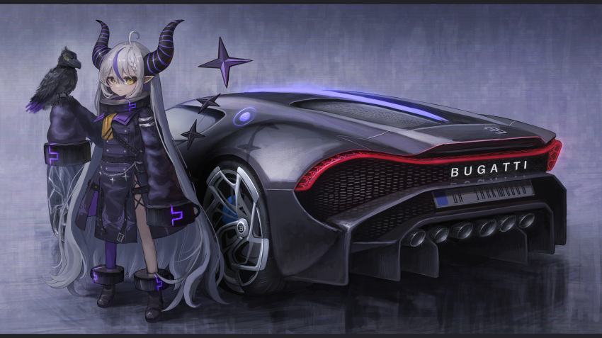 1girl absurdres animal_on_arm bird bird_on_arm black_collar black_footwear black_jacket boots braid braided_bangs bugatti bugatti_la_voiture_noire car collar cowlick crow crow_(la+_darknesss) frown grey_hair hair_behind_ear highres hololive horns jacket la+_darknesss license_plate long_hair looking_at_viewer motor_vehicle pantyhose pointy_ears purple_hair purple_pantyhose shiyo_tsubame single_leg_pantyhose sleeves_past_fingers sleeves_past_wrists solo sports_car standing textless_version vehicle_focus very_long_hair virtual_youtuber