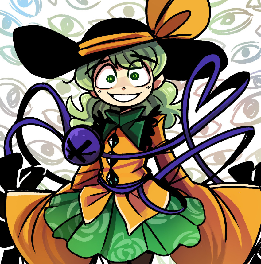 1girl absurdres black_headwear frilled_shirt frills green_eyes green_hair green_skirt hat hat_ribbon heart heart_of_string highres komeiji_koishi long_sleeves looking_at_viewer pantyhose peargor ribbon shirt skirt sleeves_past_wrists smile thick_eyebrows third_eye touhou