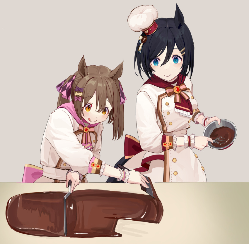 2girls animal_ears aqua_eyes bow bowl bowtie breasts brown_hair buttons chef_hat chocolate chocolate_making closed_mouth double-breasted eishin_flash_(collect_chocolatier)_(umamusume) eishin_flash_(umamusume) hair_ornament hairclip hat highres holding holding_spatula holding_whisk horse_ears horse_girl horse_tail jacket kogomiza long_sleeves medium_hair mini_hat multiple_girls orange_eyes short_hair small_breasts smart_falcon_(umamusume) smile spatula standing table tail tongue tongue_out twintails umamusume whisk white_jacket wrist_cuffs