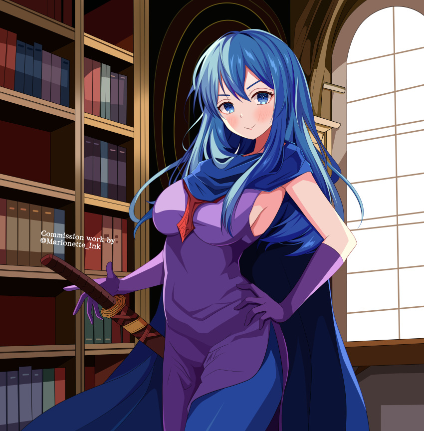 1girl absurdres alternate_costume blue_eyes blue_hair blue_pantyhose blue_scarf blush book bookshelf breasts caeda_(fire_emblem) commentary commission dress english_commentary fire_emblem fire_emblem:_mystery_of_the_emblem fire_emblem:_shadow_dragon gloves hand_on_hip highres indoors long_hair looking_at_viewer marion_(marionette_ink) medium_breasts pantyhose purple_dress purple_gloves scar scarf sheath sheathed shelf side_slit sideboob smile sword twitter_username weapon