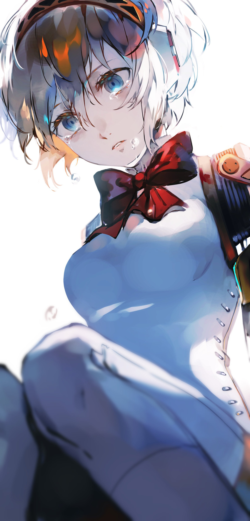 1girl absurdres aegis_(persona) android blonde_hair blue_eyes bow bowtie breasts crying feet_out_of_frame hairband headphones highres joints knees_together_feet_apart looking_down lor_(roasyerizyonirapi) mechanical_parts medium_breasts parted_lips persona persona_3 red_bow red_bowtie red_ribbon ribbon robot robot_joints short_hair simple_background sitting solo tears white_background
