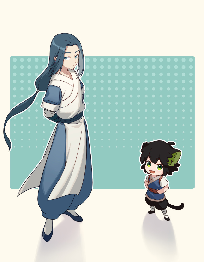 2boys :d animal_ear_fluff animal_ears arms_behind_back black_hair blue_eyes blue_hair character_request closed_mouth green_eyes halftone halftone_background hands_in_pockets highres japanese_clothes kimono long_hair male_focus miniboy multiple_boys parted_bangs que_meng_meng short_eyebrows short_sleeves smile tail teeth the_legend_of_luo_xiaohei thick_eyebrows upper_teeth_only very_long_hair white_kimono wuxian_(the_legend_of_luoxiaohei)