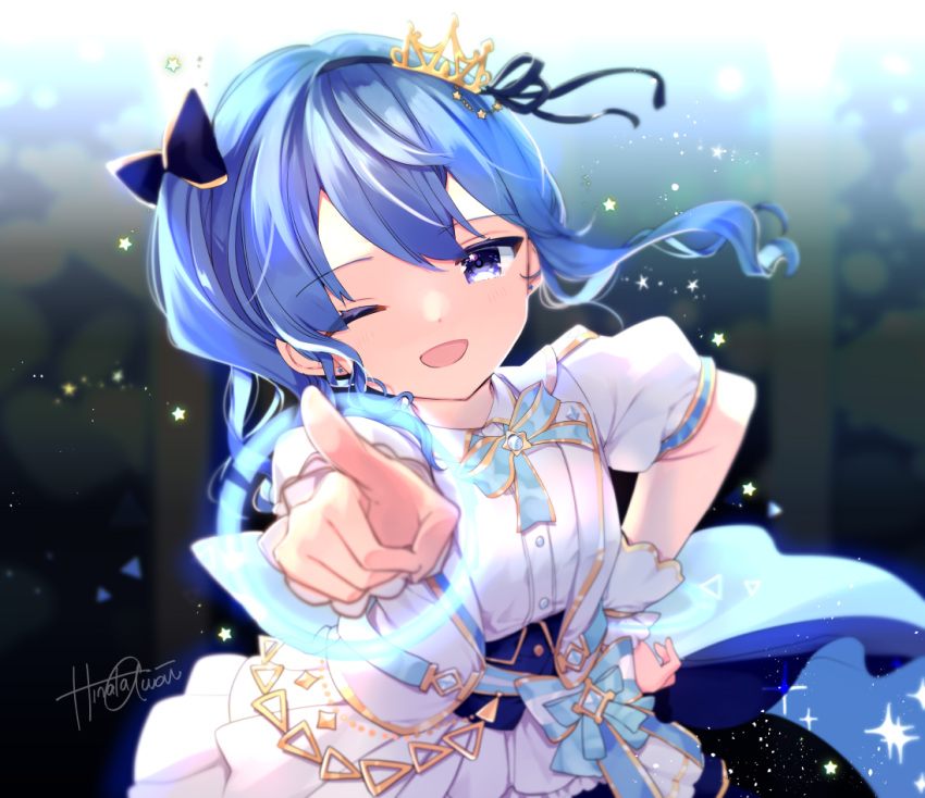 1girl artist_name awai_hinata blue_eyes blue_hair blush bow crown earrings hair_bow hair_ornament hololive hololive_idol_uniform hololive_idol_uniform_(bright) hoshimachi_suisei jewelry long_hair one_eye_closed open_mouth puffy_short_sleeves puffy_sleeves ribbon shirt short_sleeves side_ponytail sidelocks signature skirt smile solo sparkle star_(symbol) star_in_eye symbol_in_eye virtual_youtuber